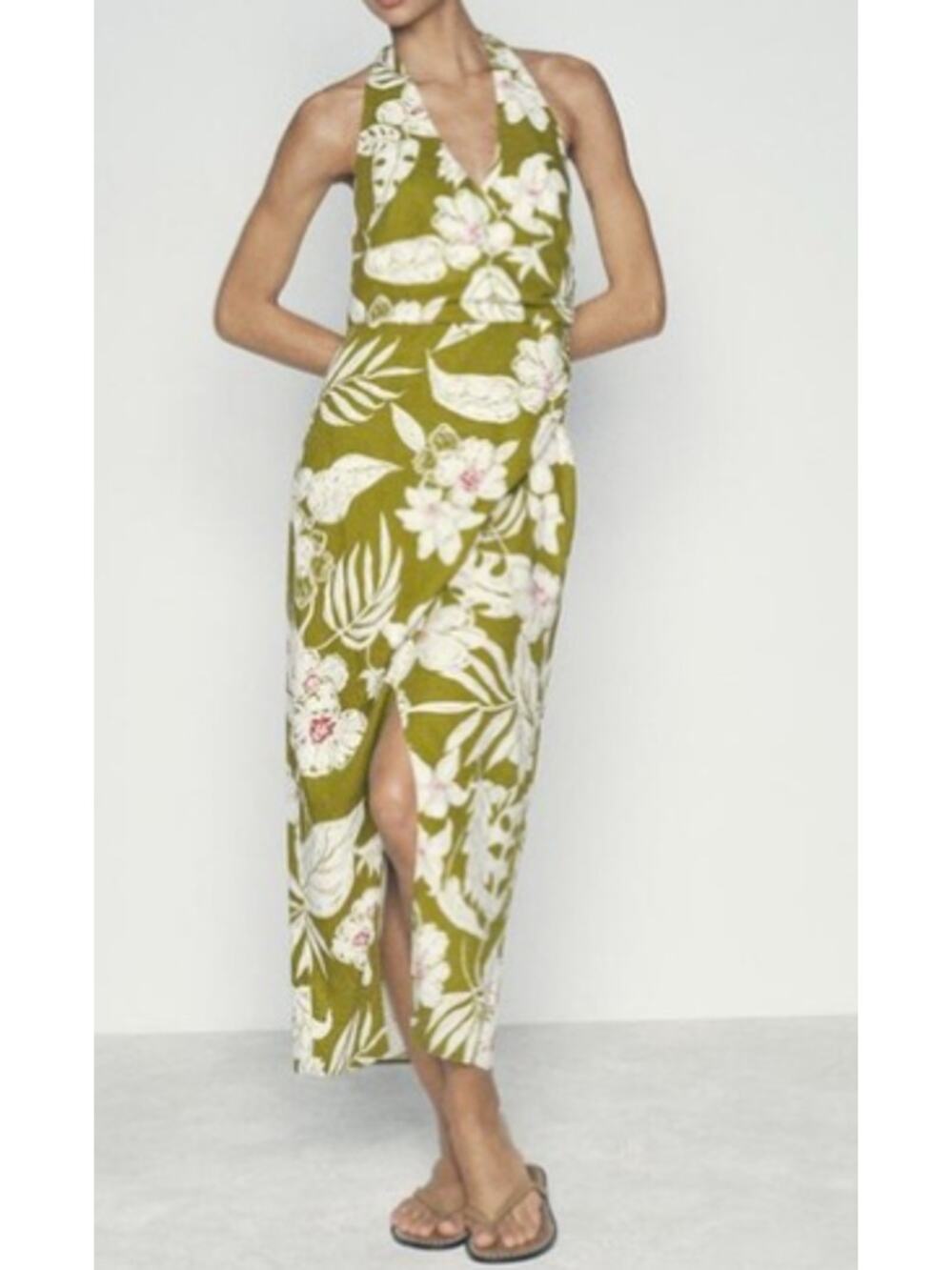 NWT Zara Tropical Floral Halter Midi Dress Olive Green Size Medium - Picture 1 of 4